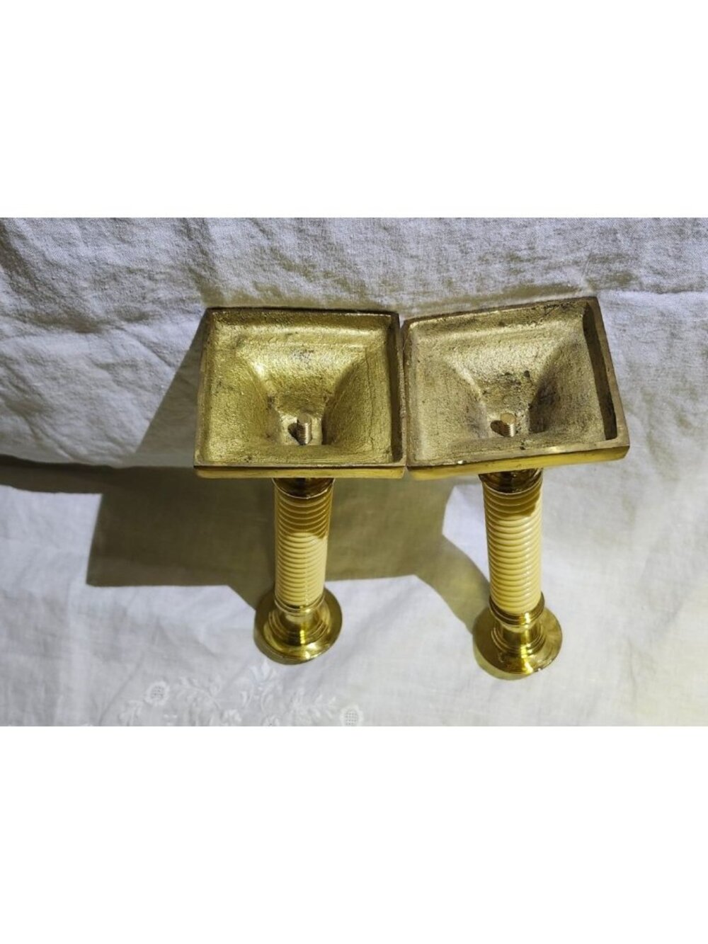 Vintage MCM Brass & Celluloid Candlestick Holders 8" Tall Elegant Design - Picture 4 of 8